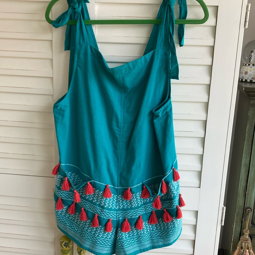 Blue and Green Sleeveless Romper with tassels by Piper